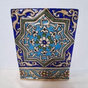 Hand Painted And Glazed Persian Style Ceramic Tile Floral Appx 11.5"×9"×1" Blue